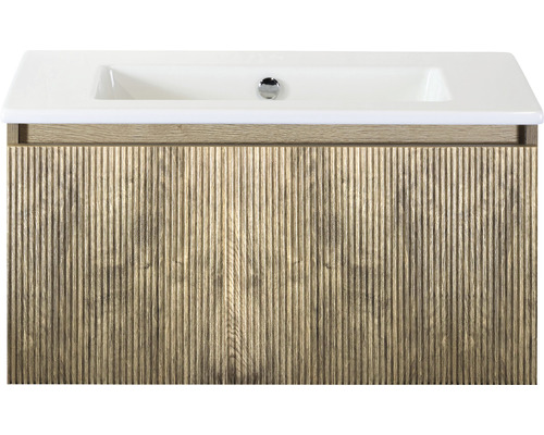 Badmöbelset 2-teilig Einzelbadmöbel Sanox Frozen 3D BxHxT 81 x 42 x 46 cm Frontfarbe französische eiche mit Waschtisch Keramik weiß 75740163 Waschtisch mit Holzstruktur und Waschbecken