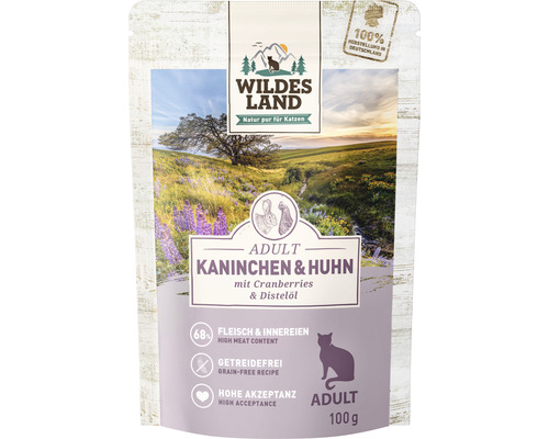 Katzenfutter nass WILDES LAND Kaninchen und Huhn mit Cranberries mit wertvollen Superfoods, getreidefrei, Glutenfrei 100 g