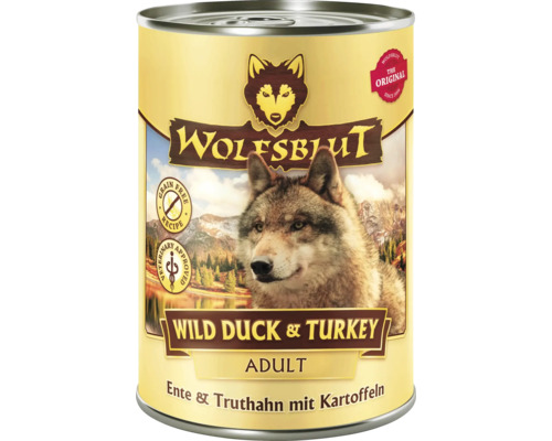 Hundefutter nass WOLFSBLUT Wild Duck & Turkey Adult , Ente und Truthahn mit Kartoffeln mit wertvollen Superfoods, getreidefrei, Glutenfrei 395 g