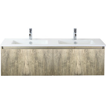 Waschtisch mit zwei Waschbecken und Holzstruktur