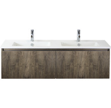 Waschtisch mit zwei Waschbecken und Unterschrank mit Holzstruktur