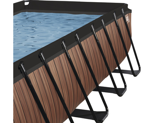 Detailansicht eines rechteckigen Aufstellpools mit Holzoptik und Stahlrahmen