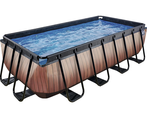 Rechteckiger Stahlrahmenpool mit Holzoptik und befülltem Becken