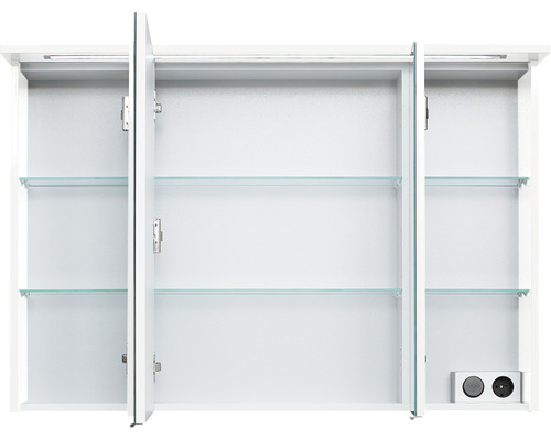 Offener dreitüriger Spiegelschrank mit Glaseinlegeböden
