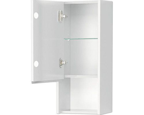 Weißer Bad-Hängeschrank mit offener Tür und Regalen