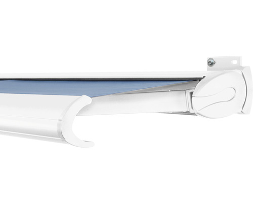 SOLUNA Kassettenmarkise Exclusiv 4,5x2,5 Stoff Dessin 8204 Gestell RAL 9016 verkehrsweiß Antrieb rechts inkl. Motor und Wandschalter