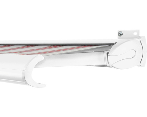 SOLUNA Kassettenmarkise Exclusiv 5,5x2,5 Stoff Dessin 8783 Gestell RAL 9016 verkehrsweiß Antrieb rechts inkl. Motor und Wandschalter