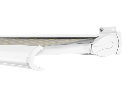 SOLUNA Kassettenmarkise Exclusiv 4x1,5 Stoff Dessin 320477 Gestell RAL 9016 verkehrsweiß Antrieb rechts inkl. Motor und Wandschalter