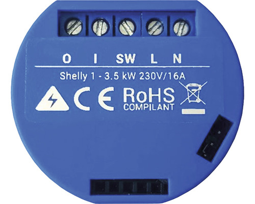 Shelly 1 Gerätedetails: Eingänge, Leistung, Normen und Entsorgungshinweise.