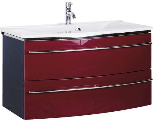 Badmöbel-Set Marlin 3040 Frontfarbe rot glanz 2-teilig mit Mineralmarmor-Waschtisch weiß BxHxT 92,4 x 90 x 48 cm