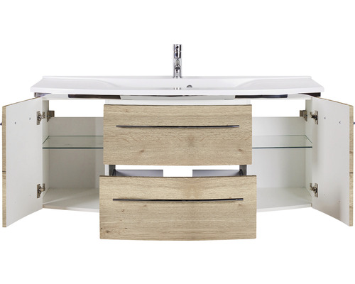 Waschtischunterschrank mit Waschbecken, zwei Schubladen und offenen Türen