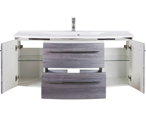 Waschtischunterschrank mit Waschbecken, zwei Schubladen und offenen Schrankfächern