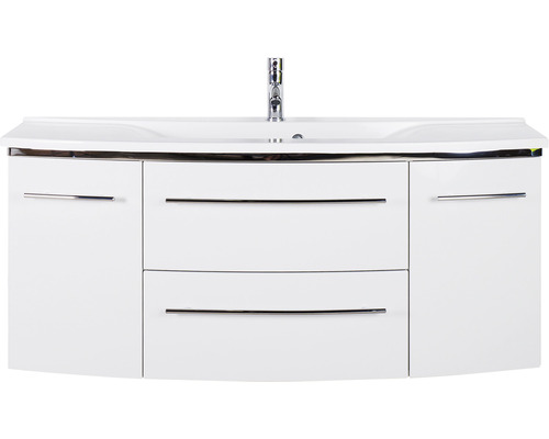 Weißer Waschtisch mit zwei Schubladen, zwei Türen und Aufsatzwaschbecken mit Armatur