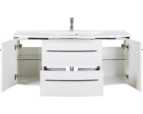 Weißer Waschtischunterschrank mit zwei Schubladen, zwei offenen Türen und Glasböden