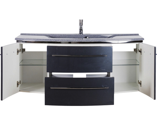 Waschtischunterschrank mit Waschbecken und offenstehenden Türen