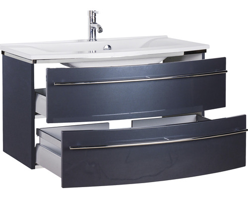 Waschtischunterschrank mit zwei offenen Schubladen und Aufsatzwaschbecken