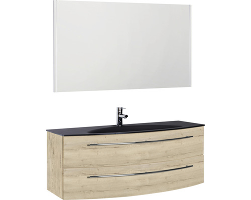 Badmöbel-Set Marlin 3040 Frontfarbe Eiche weiß Holzdekor 3-teilig mit Glas-Waschtisch BxHxT 120,4 x 198,2 x 47,9 cm mit Spiegel