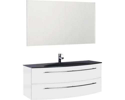 Badmöbel-Set Marlin 3040 Frontfarbe weiß hochglanz 3-teilig mit Glas-Waschtisch BxHxT 120,4 x 198,2 x 47,9 cm mit Spiegel