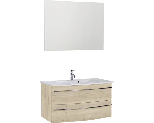 Badmöbel-Set Marlin 3040 Frontfarbe Eiche weiß Holzdekor 3-teilig mit Keramik-Waschtisch weiß BxHxT 91 x 198,2 x 51 cm mit Spiegel