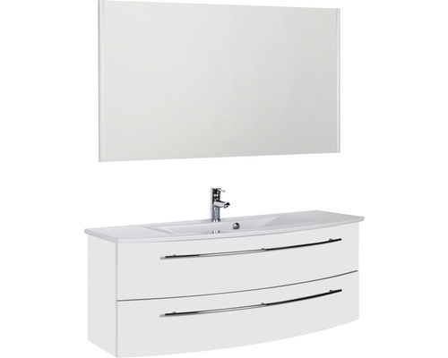 Badmöbel-Set Marlin 3040 Frontfarbe weiß hochglanz 3-teilig mit Keramik-Waschtisch weiß BxHxT 121 x 198,2 x 51 cm mit Spiegel