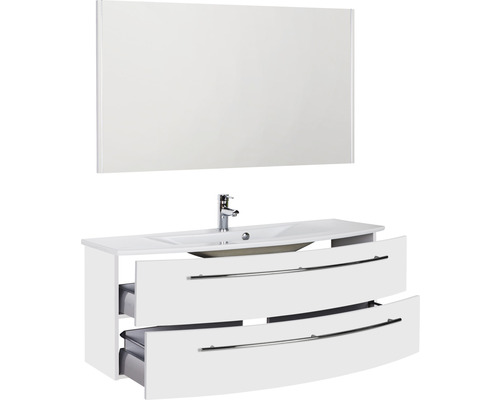 Waschtisch mit zwei offenen Schubladen, Waschbecken, Armatur und Spiegel