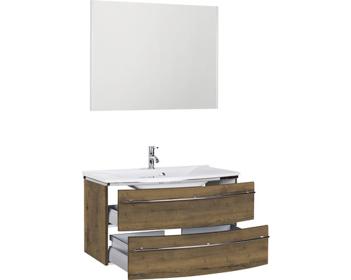 Waschtischunterschrank mit zwei Schubladen und einem rechteckigen Spiegel für das Badezimmer