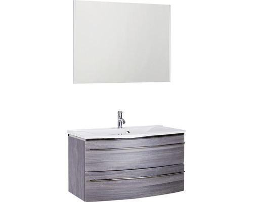 Badmöbel-Set Marlin 3040 Frontfarbe Kastanie graphit Holzdekor 3-teilig mit Mineralmarmor-Waschtisch weiß BxHxT 92,4 x 198,2 x 48 cm mit Spiegel