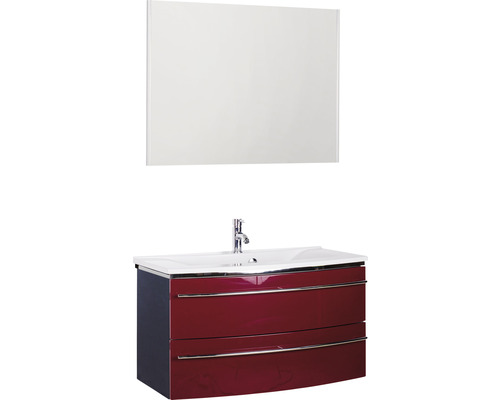 Badmöbel-Set Marlin 3040 Frontfarbe rot glanz 3-teilig mit Mineralmarmor-Waschtisch weiß BxHxT 92,4 x 198,2 x 48 cm mit Spiegel