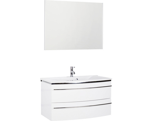 Badmöbel-Set Marlin 3040 Frontfarbe weiß hochglanz 3-teilig mit Mineralmarmor-Waschtisch weiß BxHxT 92,4 x 198,2 x 48 cm mit Spiegel
