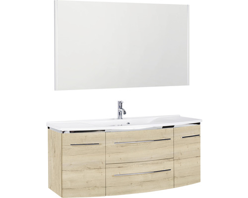 Badmöbel-Set Marlin 3040 Frontfarbe Eiche weiß Holzdekor 3-teilig mit Mineralmarmor-Waschtisch weiß BxHxT 122,4 x 198,2 x 48 cm mit Spiegel