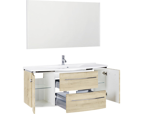 Waschtisch mit Spiegel, offen, mit Schubladen und Schrankfächern für das Badezimmer