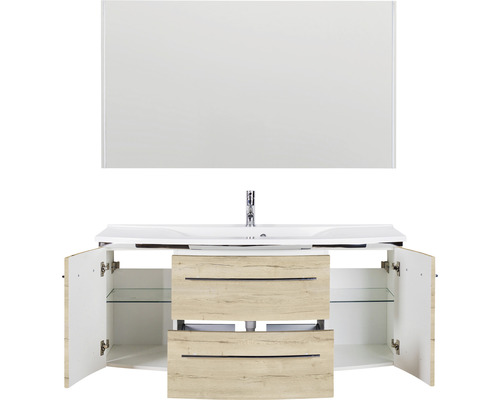 Waschtischkombination mit Spiegel, Waschbecken, zwei Schubladen und zwei Türen