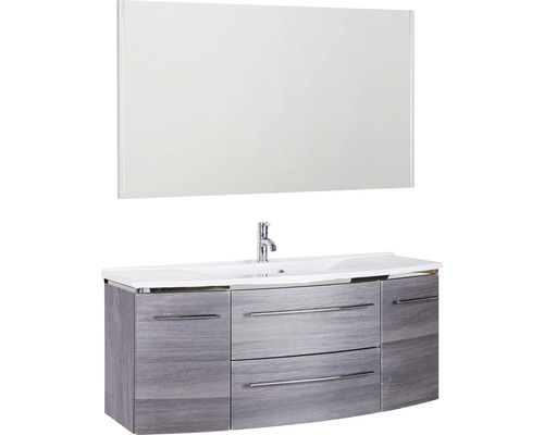 Badmöbel-Set Marlin 3040 Frontfarbe Kastanie graphit Holzdekor 3-teilig mit Mineralmarmor-Waschtisch weiß BxHxT 122,4 x 198,2 x 48 cm mit Spiegel