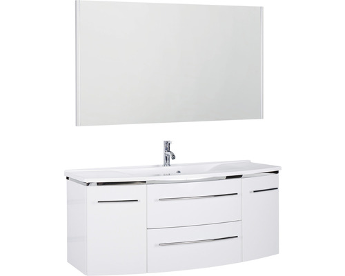 Badmöbel-Set Marlin 3040 Frontfarbe weiß hochglanz 3-teilig mit Mineralmarmor-Waschtisch weiß BxHxT 122,4 x 198,2 x 48 cm mit Spiegel