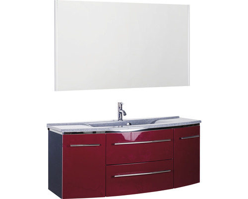 Badmöbel-Set Marlin 3040 Frontfarbe rot glanz 3-teilig mit Mineralmarmor-Waschtisch granit grau BxHxT 122 x 198,2 x 48 cm mit Spiegel