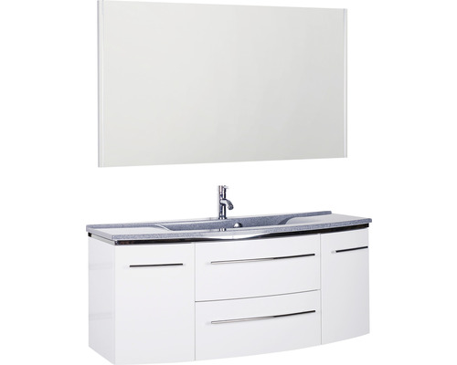 Badmöbel-Set Marlin 3040 Frontfarbe weiß hochglanz 3-teilig mit Mineralmarmor-Waschtisch granit grau BxHxT 122 x 198,2 x 48 cm mit Spiegel