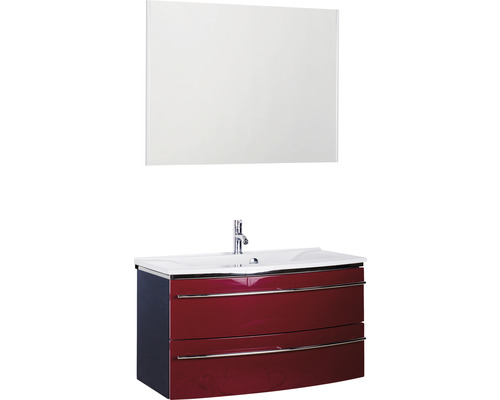 Badmöbel-Set Marlin 3040 Frontfarbe rot glanz 3-teilig mit Mineralmarmor-Waschtisch granit weiß BxHxT 92,4 x 198,2 x 48 cm mit Spiegel