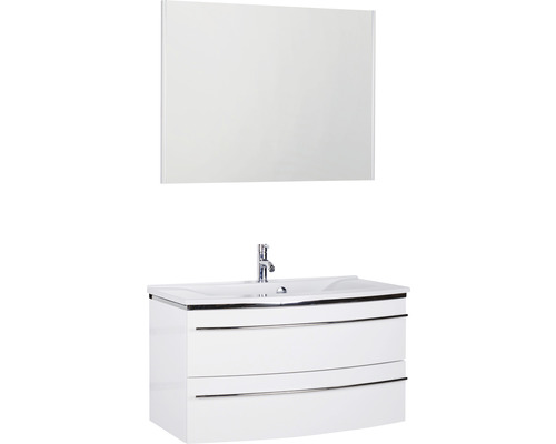 Badmöbel-Set Marlin 3040 Frontfarbe weiß hochglanz 3-teilig mit Mineralmarmor-Waschtisch granit weiß BxHxT 92,4 x 198,2 x 48 cm mit Spiegel