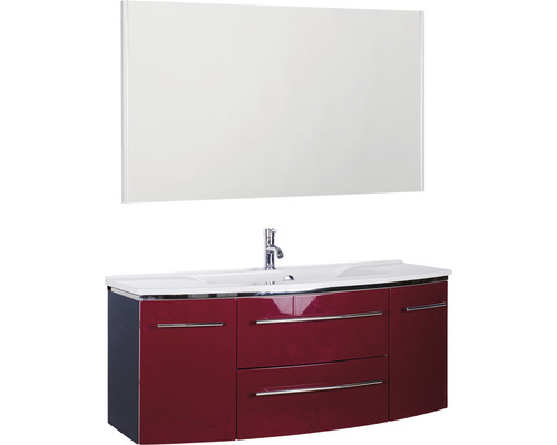Badmöbel-Set Marlin 3040 Frontfarbe rot glanz 3-teilig mit Mineralmarmor-Waschtisch granit weiß BxHxT 122 x 198,2 x 48 cm mit Spiegel-0