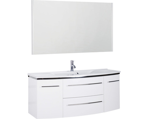 Badmöbel-Set Marlin 3040 Frontfarbe weiß hochglanz 3-teilig mit Mineralmarmor-Waschtisch granit weiß BxHxT 122 x 198,2 x 48 cm mit Spiegel