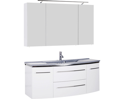 Badmöbel-Set Marlin 3040 Frontfarbe weiß hochglanz 3-teilig mit Mineralmarmor-Waschtisch granit grau BxHxT 122 x 198,2 x 48 cm mit Spiegelschrank
