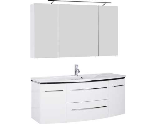 Badmöbel-Set Marlin 3040 Frontfarbe weiß hochglanz 3-teilig mit Mineralmarmor-Waschtisch granit weiß BxHxT 122 x 198,2 x 48 cm mit Spiegelschrank