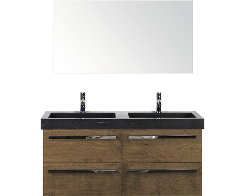 Badmöbel-Set Sanox Seville BxHxT 121 x 170 x 45,5 cm Frontfarbe tabacco mit Waschtisch Naturstein schwarz und Naturstein-Doppelwaschtisch Waschtischunterschrank Spiegel Waschtisch mit zwei Waschbecken, vier Schubladen, Armaturen und Spiegel