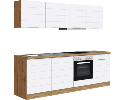 Küchenzeile mit Spüle, Kochfeld, Backofen und Hängeschränken