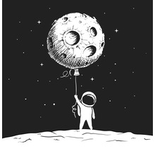 Illustration eines Astronauten, der einen Mondballon im Weltraum hält