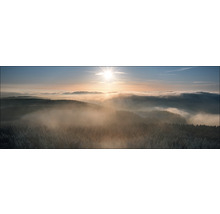 Landschaft mit Wald, Nebel und Sonnenaufgang
