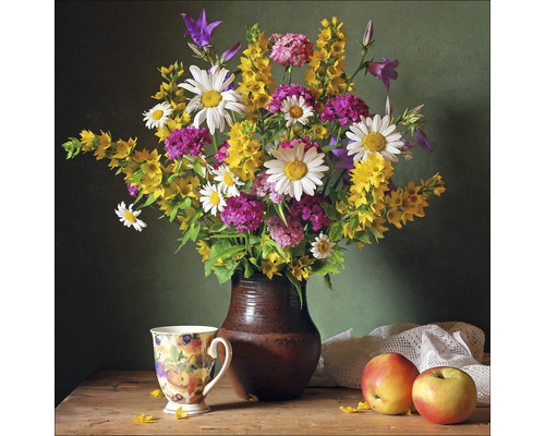 Leinwandbild New Baroque Still Life II 40x40 cm Blumenstrauß in einer Vase mit Tasse und Äpfeln