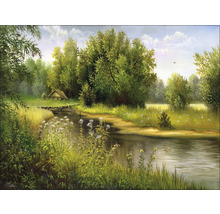 Gemälde einer ländlichen Szene mit Fluss, Wiese und Hütte