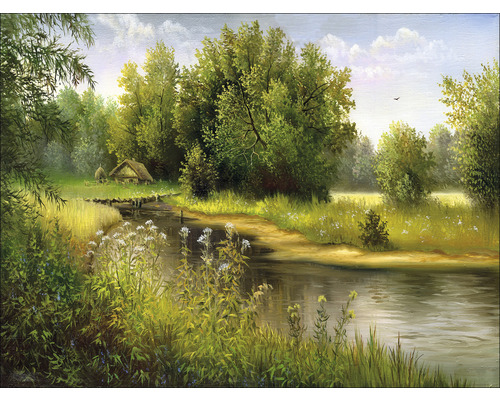 Leinwandbild At The River 116x84 cm Gemälde einer ländlichen Szene mit Fluss, Wiese und Hütte
