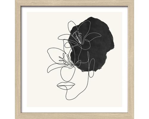 Gerahmtes Bild mit Strichzeichnung von Gesicht und Blume